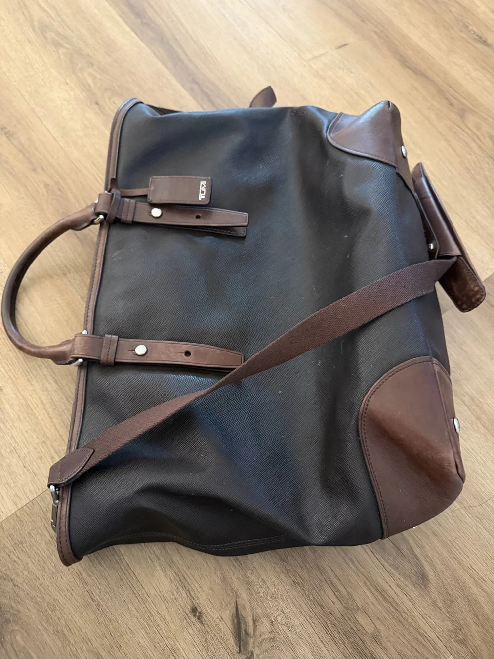 Tumi Dark Brown Leather Messenger Tote with Top Handles